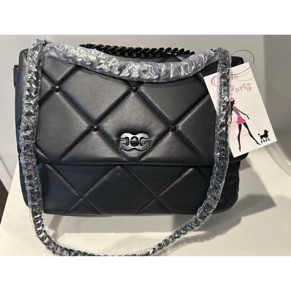 New Gilda Paris Black Vegan Leather Quilted Purse Handbag Shoulder $140